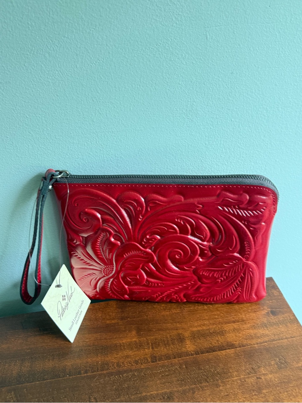 PATRICIA NASH Red Tooled Leather Cassini Wristlet